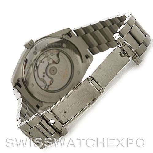 The image shows the back and bracelet of the Omega Aqua Terra 2502.50.00 Men's Stainless Steel Black Dial 2502.50.00 Men's Stainless Steel Black Dial watch, highlighting the clasp and the exposed movement through the case back.