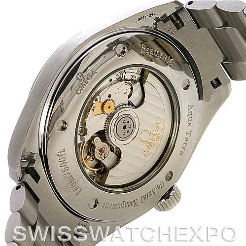 The image shows the backside of an Omega Aqua Terra 2502.50.00 Men's Stainless Steel Black Dial 2502.50.00 Men's Stainless Steel Black Dial watch, highlighting the intricate mechanical movement and inner components.