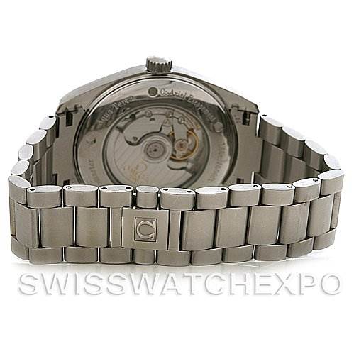 This image shows the back of the Omega Aqua Terra 2502.50.00 Men's Stainless Steel Black Dial 2502.50.00 Men's Stainless Steel Black Dial watch, highlighting its open case back and metal bracelet.