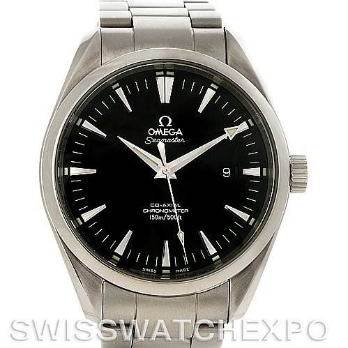 The image shows a front view of the Omega Aqua Terra 2502.50.00 Men's Stainless Steel Black Dial 2502.50.00 Men's Stainless Steel Black Dial Seamaster watch, highlighting the dial, hands, and stainless steel bracelet.