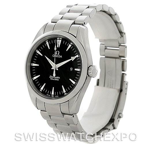 The image shows an Omega Aqua Terra 2517.50.00 Men
s Stainless Steel Black Dial 2517.50.00 Men
s Stainless Steel Black Dial watch angled to display the face, crown, and metal bracelet.