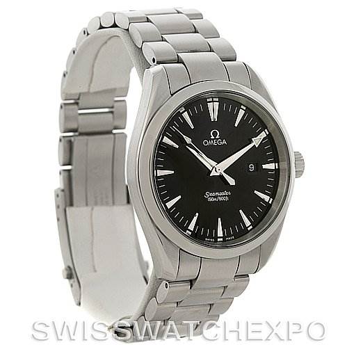 The Omega Aqua Terra 2517.50.00 Men
s Stainless Steel Black Dial 2517.50.00 Men
s Stainless Steel Black Dial watch is shown at a three-quarter angle, highlighting the face, bezel, bracelet, and clasp.