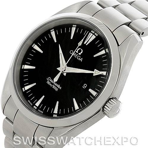 The Omega Aqua Terra 2517.50.00 Men
s Stainless Steel Black Dial 2517.50.00 Men
s Stainless Steel Black Dial watch is shown from an angled side view, displaying the face, bezel, crown, and part of the bracelet.