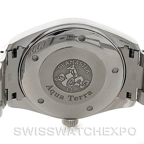 This image shows the case back of an Omega Aqua Terra 2517.50.00 Men
s Stainless Steel Black Dial 2517.50.00 Men
s Stainless Steel Black Dial Seamaster watch, featuring the engraved emblem and text.