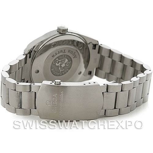 The image shows the back view of an Omega Aqua Terra 2517.50.00 Men
s Stainless Steel Black Dial 2517.50.00 Men
s Stainless Steel Black Dial watch, focusing on its clasp, bracelet, and case back.