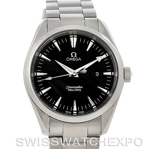 This image shows a frontal view of the Omega Seamaster Aqua Terra, highlighting the watch face, hands, and stainless steel band.