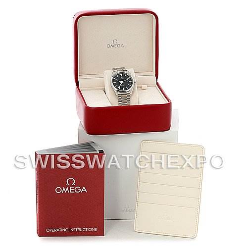 The image shows an Aqua Terra model by Omega in its box, along with the operating instructions and a cardholder.