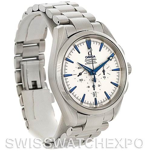 The image shows an Omega Aqua Terra 2512.30 Men
s Stainless Steel Silver Dial 2512.30 Men
s Stainless Steel Silver Dial watch from a three-quarter side angle, featuring the face, bracelet, and clasp.