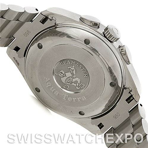 The image shows the back side of the Omega Aqua Terra 2512.30 Men
s Stainless Steel Silver Dial 2512.30 Men
s Stainless Steel Silver Dial Seamaster watch, including the case back and part of the bracelet.
