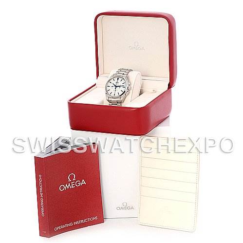 The image shows an Omega Aqua Terra 2512.30 Men
s Stainless Steel Silver Dial 2512.30 Men
s Stainless Steel Silver Dial watch in its box, with accompanying operating instructions and warranty cards.