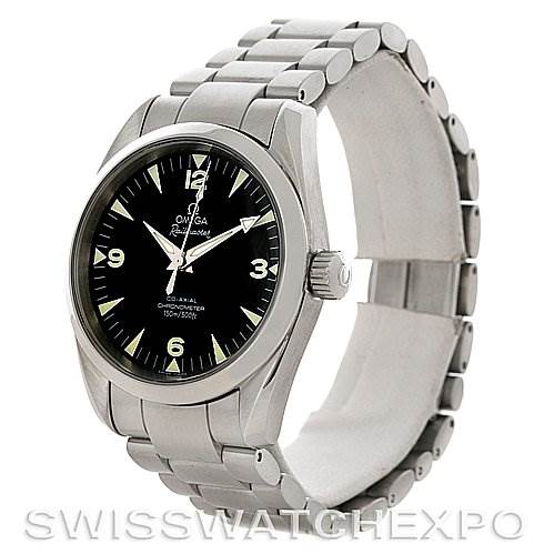 The image shows an Aqua Terra model by Omega at a slight angle, displaying the face, crown, and metal bracelet.