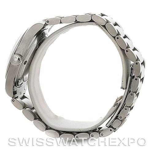 This image shows the Omega Aqua Terra 2504.52 Men
s Stainless Steel Black Dial 2504.52 Men
s Stainless Steel Black Dial watch from a side view, highlighting its stainless steel bracelet and crown.