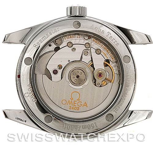 The image shows the backside of the Omega Aqua Terra 2504.52 Men
s Stainless Steel Black Dial 2504.52 Men
s Stainless Steel Black Dial watch, revealing its internal mechanical movement.