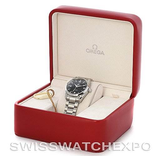 The image shows an Omega Aqua Terra 2504.52 Men
s Stainless Steel Black Dial 2504.52 Men
s Stainless Steel Black Dial watch in its open red box, displaying the watch face and bracelet.