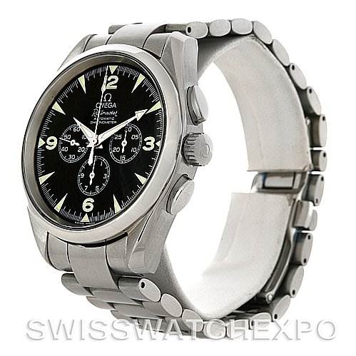 The image shows an angled side view of the Omega Aqua Terra 2512.52 Men
s Stainless Steel Black Dial 2512.52 Men
s Stainless Steel Black Dial model, highlighting its dial, crown, pushers, and bracelet.