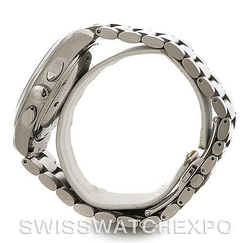 The image shows a side view of the Omega Aqua Terra 2512.52 Men
s Stainless Steel Black Dial 2512.52 Men
s Stainless Steel Black Dial watch, displaying the watch case, crown, and stainless steel bracelet.