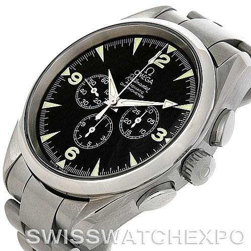 The image shows an Omega Aqua Terra 2512.52 Men
s Stainless Steel Black Dial 2512.52 Men
s Stainless Steel Black Dial watch at an angle highlighting the face, crown, and part of the band.