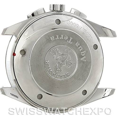 This image shows the back and sides of the case for the Omega Aqua Terra 2512.52 Men
s Stainless Steel Black Dial 2512.52 Men
s Stainless Steel Black Dial model watch, highlighting the engraved Seamaster logo.