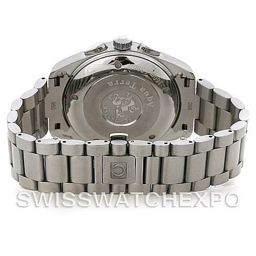 The image shows the back view of an Omega Aqua Terra 2512.52 Men
s Stainless Steel Black Dial 2512.52 Men
s Stainless Steel Black Dial watch, highlighting its case back and metal bracelet.