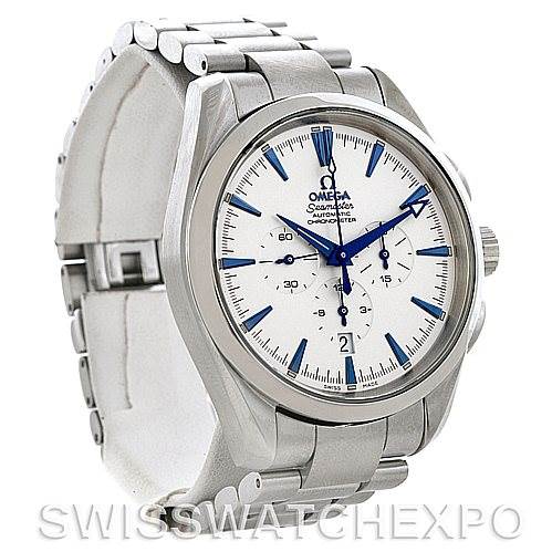 The image shows the Omega Aqua Terra 2512.30 Men
s Stainless Steel Silver Dial 2512.30 Men
s Stainless Steel Silver Dial watch from a three-quarter angle, highlighting its face, bracelet, and side buttons.