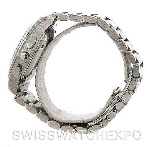 The image shows the Omega Aqua Terra 2512.30 Men
s Stainless Steel Silver Dial 2512.30 Men
s Stainless Steel Silver Dial watch from a side angle, displaying its metal strap and side buttons.