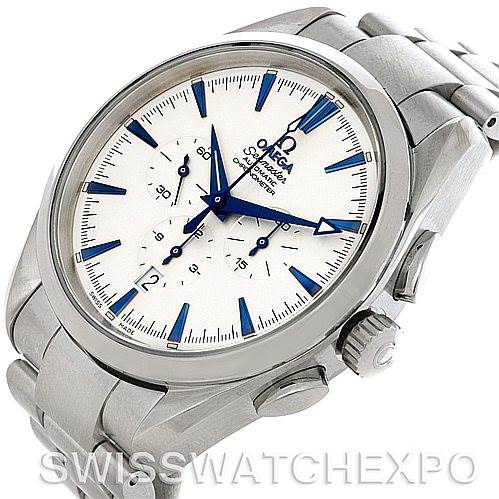 This image shows an Omega Aqua Terra 2512.30 Men
s Stainless Steel Silver Dial 2512.30 Men
s Stainless Steel Silver Dial watch angled slightly from the right, displaying the face, crown, and part of the bracelet.
