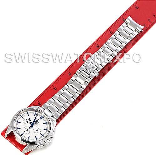 The Omega Aqua Terra 2512.30 Men
s Stainless Steel Silver Dial 2512.30 Men
s Stainless Steel Silver Dial watch is viewed from above, showing its full bracelet and dial aligned with a red measuring ruler.