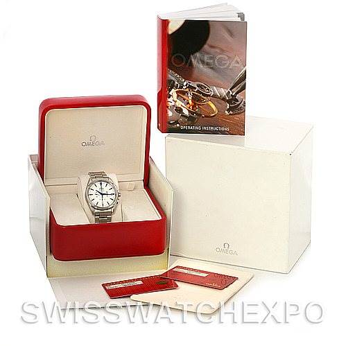 The Omega Aqua Terra 2512.30 Men
s Stainless Steel Silver Dial 2512.30 Men
s Stainless Steel Silver Dial watch is shown front-facing in its open box, accompanied by its operating instructions and warranty cards.