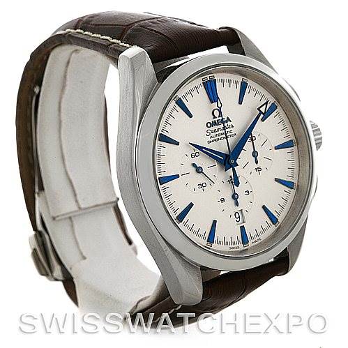 The image shows an angled view of an Omega Aqua Terra 2812.30.37 Men
s Stainless Steel Silver Dial 2812.30.37 Men
s Stainless Steel Silver Dial watch, highlighting its face, casing, and leather strap.
