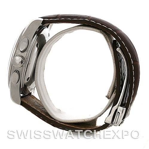 The image shows a side view of the Omega Aqua Terra 2812.30.37 Men
s Stainless Steel Silver Dial 2812.30.37 Men
s Stainless Steel Silver Dial watch, highlighting the case, crown, and brown leather strap.