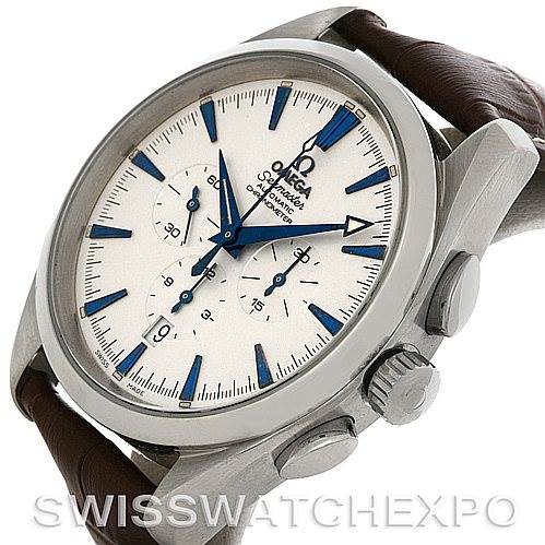 The image shows a side angle view of an Omega Aqua Terra 2812.30.37 Men
s Stainless Steel Silver Dial 2812.30.37 Men
s Stainless Steel Silver Dial watch, highlighting the watch face, crown, and pushers.