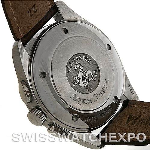 The image shows the back casing and part of the leather strap of an Omega Aqua Terra 2812.30.37 Men
s Stainless Steel Silver Dial 2812.30.37 Men
s Stainless Steel Silver Dial watch.