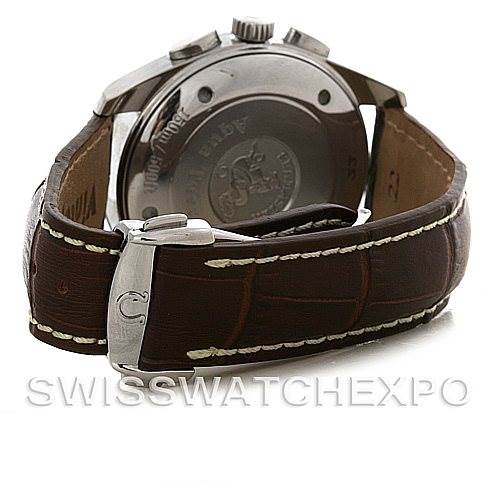 The image shows the back view of an Omega Aqua Terra 2812.30.37 Men
s Stainless Steel Silver Dial 2812.30.37 Men
s Stainless Steel Silver Dial watch, highlighting the casing and brown leather strap with visible stitching.