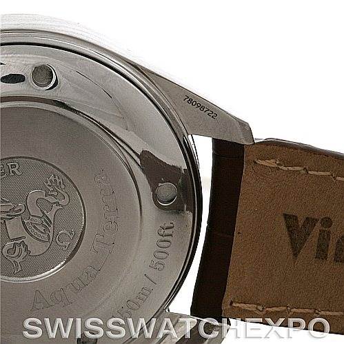 This image shows the case back and part of the leather strap of the Omega Aqua Terra 2812.30.37 Men
s Stainless Steel Silver Dial 2812.30.37 Men
s Stainless Steel Silver Dial model, highlighting the engraving and serial number.