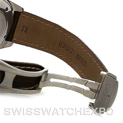 The image shows the underside of the strap and clasp of an Omega Aqua Terra 2812.30.37 Men
s Stainless Steel Silver Dial 2812.30.37 Men
s Stainless Steel Silver Dial watch, focusing on the genuine leather strap and deployment clasp.