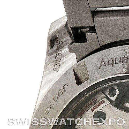 The image shows a close-up of the case back and part of the bracelet of the Omega Aqua Terra 231.10.42.21.06.001 Men's Stainless Steel Grey Dial 231.10.42.21.06.001 Men's Stainless Steel Grey Dial watch.