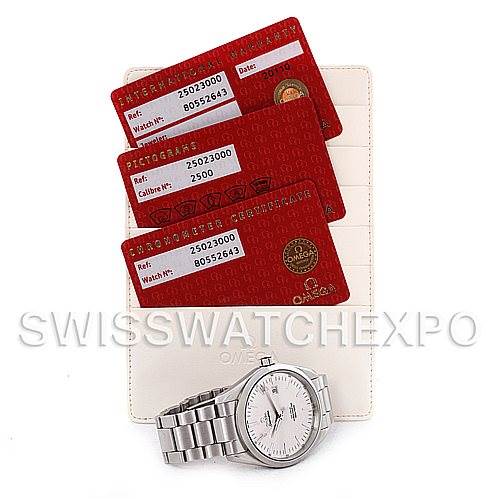 The image shows an Omega Aqua Terra 2502.30.00 Men's Stainless Steel Silver Dial 2502.30.00 Men's Stainless Steel Silver Dial watch with its bracelet and three red warranty cards arranged on a white holder.