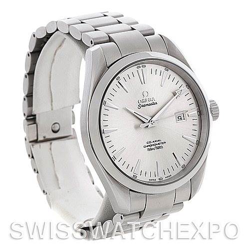 The Omega Aqua Terra 2502.30.00 Men's Stainless Steel Silver Dial 2502.30.00 Men's Stainless Steel Silver Dial watch is shown at an angle highlighting the face, bracelet, and crown.