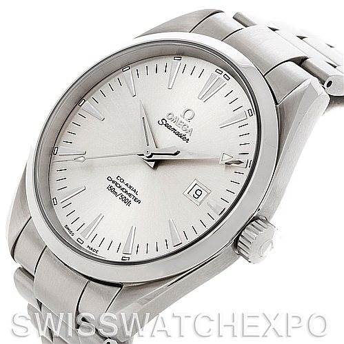 This image shows the Omega Aqua Terra 2502.30.00 Men's Stainless Steel Silver Dial 2502.30.00 Men's Stainless Steel Silver Dial watch from an angled view displaying its dial, bezel, crown, and part of the bracelet.