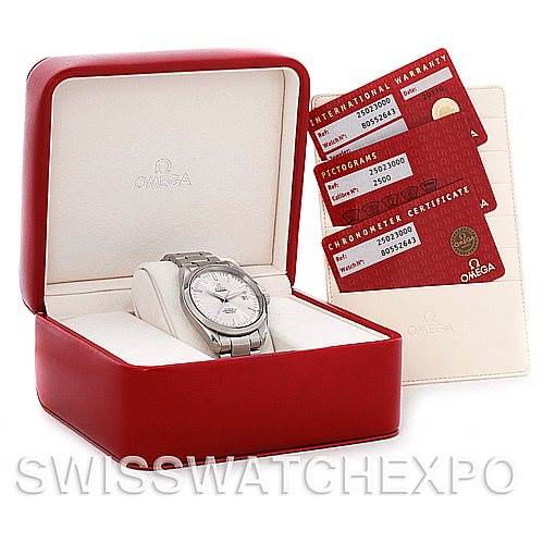 This image shows an Omega Aqua Terra 2502.30.00 Men's Stainless Steel Silver Dial 2502.30.00 Men's Stainless Steel Silver Dial watch in its case along with warranty and certification cards.