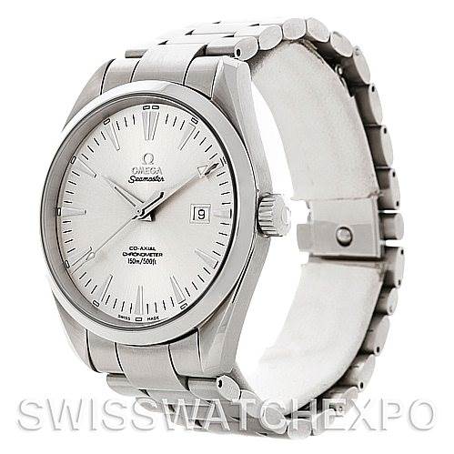 The image shows an Omega Aqua Terra 2502.30.00 Men's Stainless Steel Silver Dial 2502.30.00 Men's Stainless Steel Silver Dial watch from a front and slightly angled side view, highlighting its face, bracelet, and clasp.