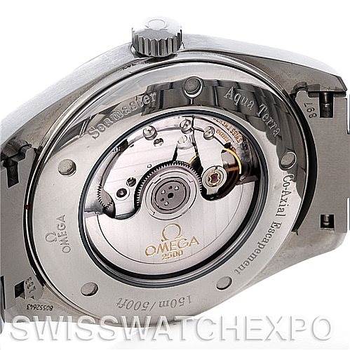 This image shows the back case and internal mechanisms of the Omega Aqua Terra 2502.30.00 Men's Stainless Steel Silver Dial 2502.30.00 Men's Stainless Steel Silver Dial Seamaster watch.