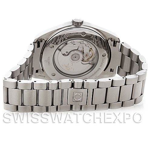 The image shows the back view of the Omega Aqua Terra 2502.30.00 Men's Stainless Steel Silver Dial 2502.30.00 Men's Stainless Steel Silver Dial watch, highlighting its movement and bracelet.