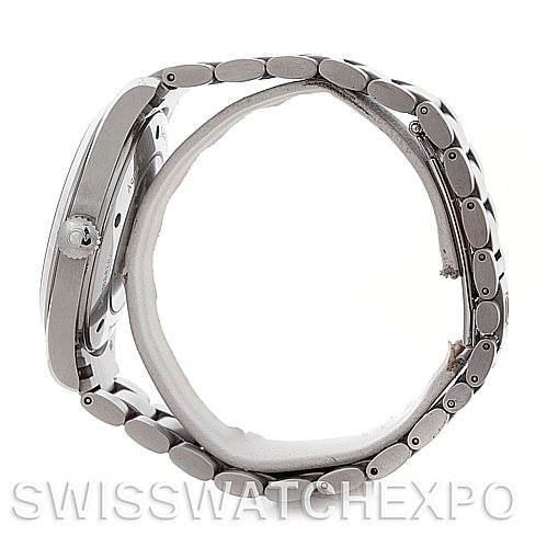 The image shows a side view of an Omega Aqua Terra 2502.30.00 Men's Stainless Steel Silver Dial 2502.30.00 Men's Stainless Steel Silver Dial watch, highlighting the bracelet, clasp, and crown.