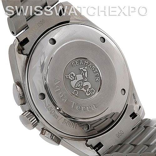 This image shows the back case of the Omega Aqua Terra 2512.50.00 Men's Stainless Steel Black Dial 2512.50.00 Men's Stainless Steel Black Dial watch, displaying the Seamaster logo and other engravings.