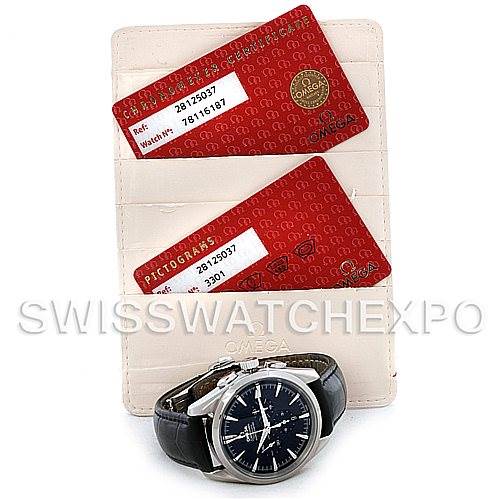 The image shows an Omega Aqua Terra 2812.50.37 Men
s Stainless Steel Black Dial 2812.50.37 Men
s Stainless Steel Black Dial watch with its black strap, and two red identification cards placed on a white background.