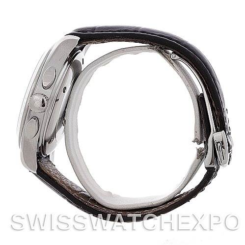 The image shows a side view of an Omega Aqua Terra 2812.50.37 Men
s Stainless Steel Black Dial 2812.50.37 Men
s Stainless Steel Black Dial watch featuring its case, crown, pushers, and leather strap with clasp.