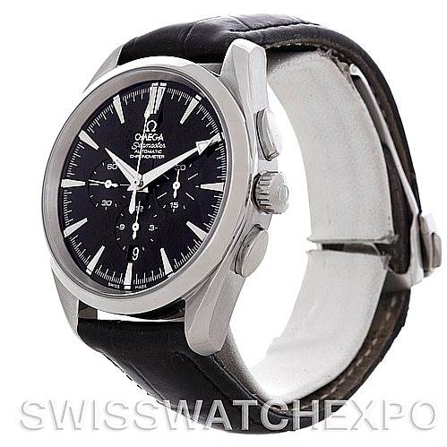 This image shows an Omega Aqua Terra 2812.50.37 Men
s Stainless Steel Black Dial 2812.50.37 Men
s Stainless Steel Black Dial watch at a tilted angle, highlighting its face, bezel, crown, and black leather strap.