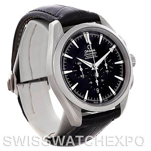 The Omega Aqua Terra 2812.50.37 Men
s Stainless Steel Black Dial 2812.50.37 Men
s Stainless Steel Black Dial model watch is shown at a slight angle, showcasing its face, bezel, and leather strap.