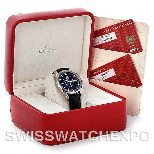 The image shows an Omega Aqua Terra 2812.50.37 Men
s Stainless Steel Black Dial 2812.50.37 Men
s Stainless Steel Black Dial watch in its box, with accompanying certificates displayed to the side.